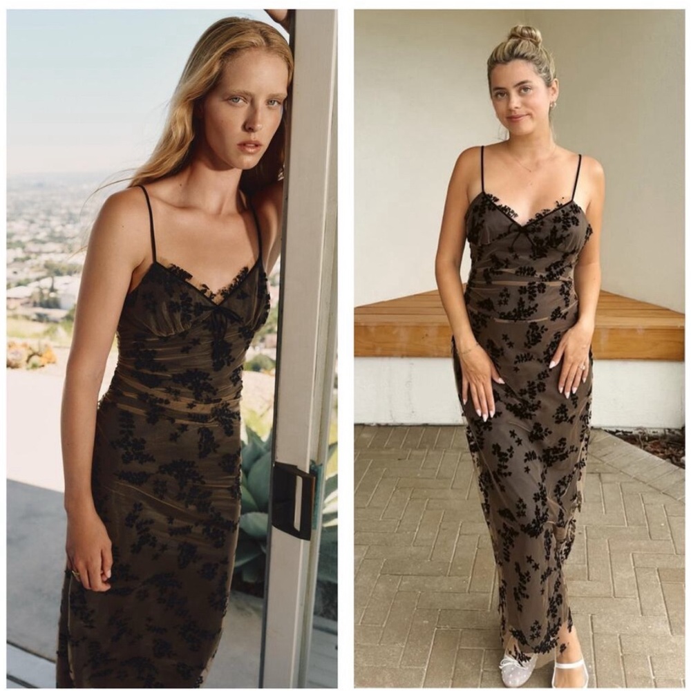 Zara Black and Brown Velvet Tulle Floral Midi Dress Large Sexy Wedding 9031/531